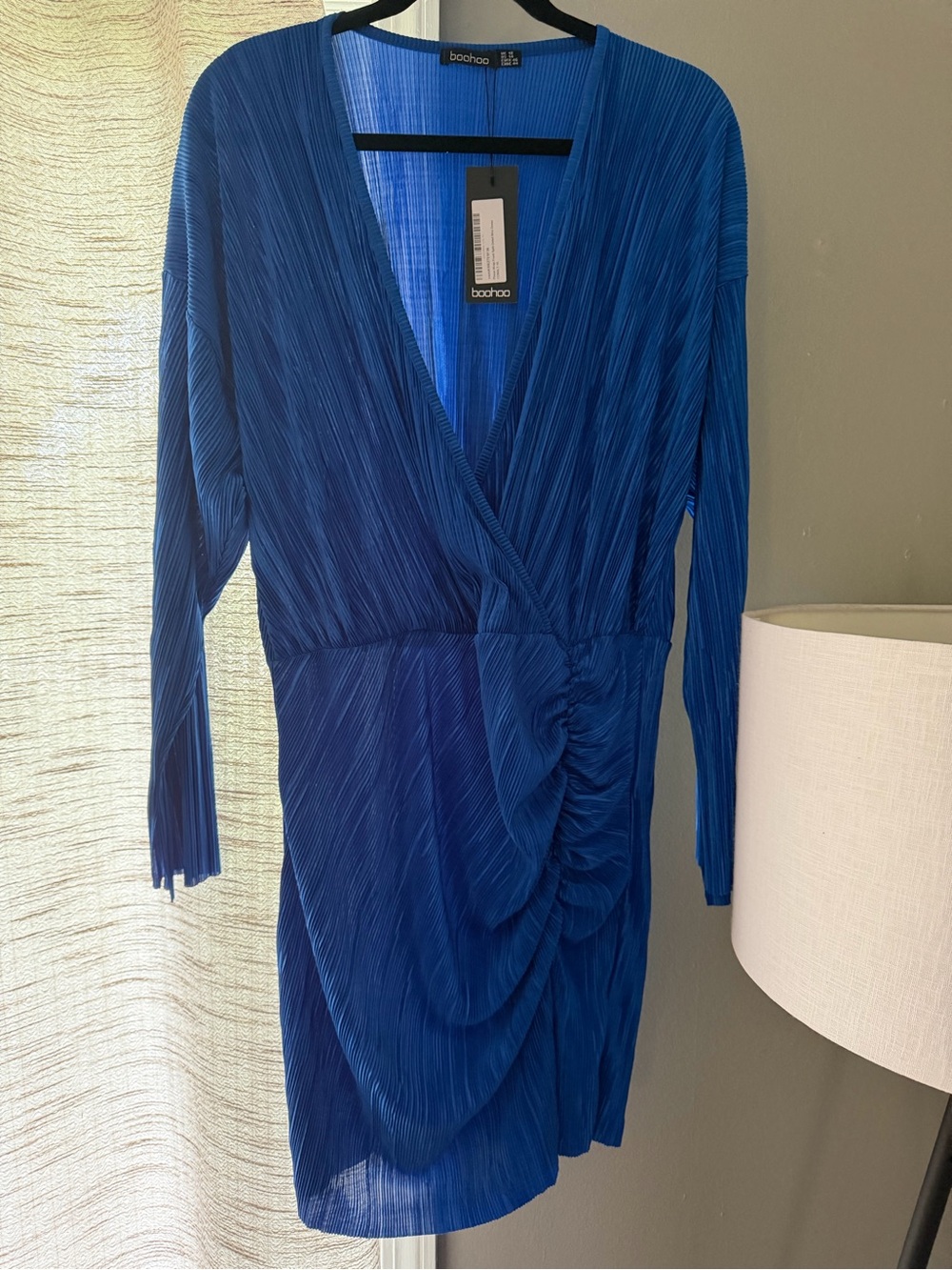 Boohoo Cobalt Blue Plissé Wrap Long Sleeve Mini Dress